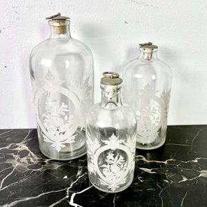 Vintage Repoduction Etched Glass Apothecary Style Bottles and Cork Stoppers